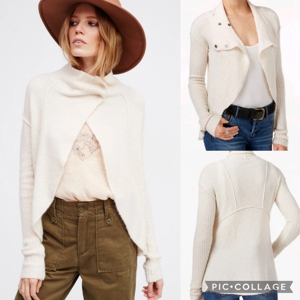 Free People Wool Alpaca Blend Oatmeal Mock Neck Cardi Cardigan Sweater Cape